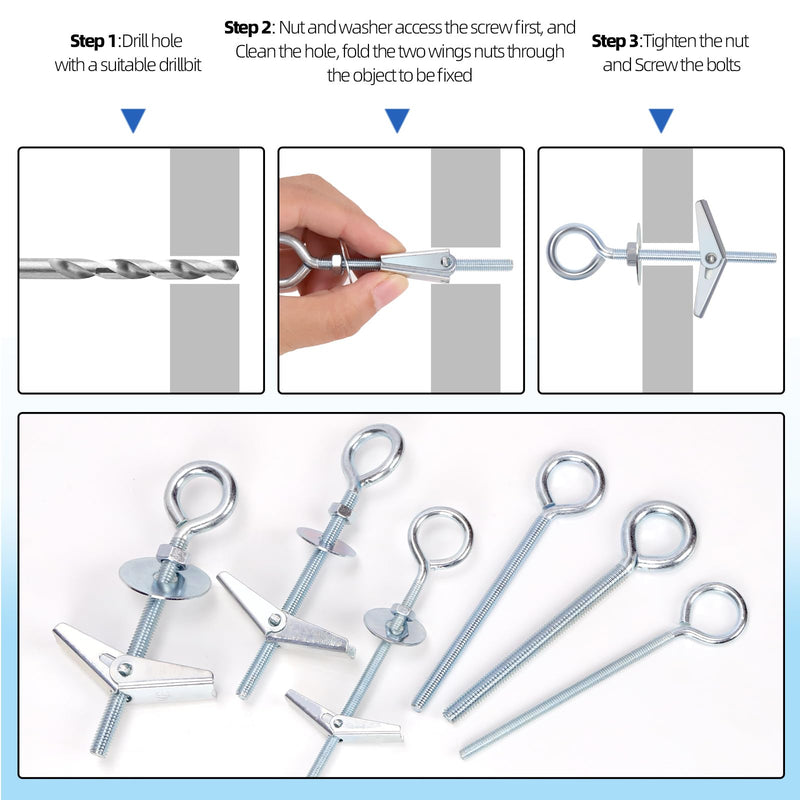 [Australia - AusPower] - Glarks 18pcs M4 M5 M6 O-Shaped Eye Bolt Toggle Anchors Set for Drywall, Toggle Bolts, Butterfly Anchors, Spring Toggle Wing Bolts for Ceiling, Sheetrock, Hollow Wall 