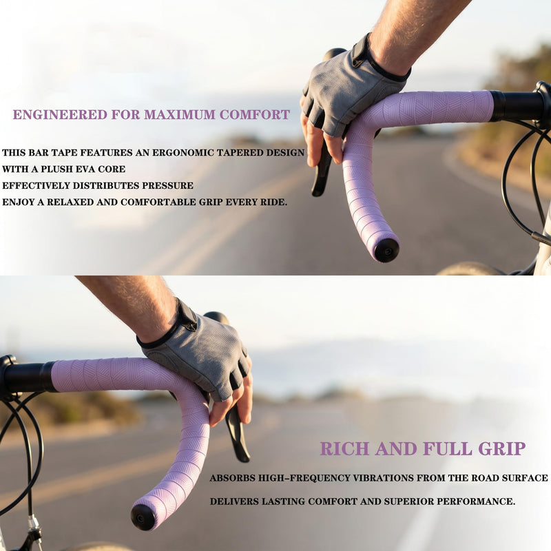 Bike Handlebar Tape, PU Anti-Slip and Wear-Resistant+EVA Shock-Absorbing and Comfortable Bar Tape for Road Bike, Gravel Bicycle Tape with End Plugs, 2 Roll Wrap Grips Tape (Light Purple) light purple