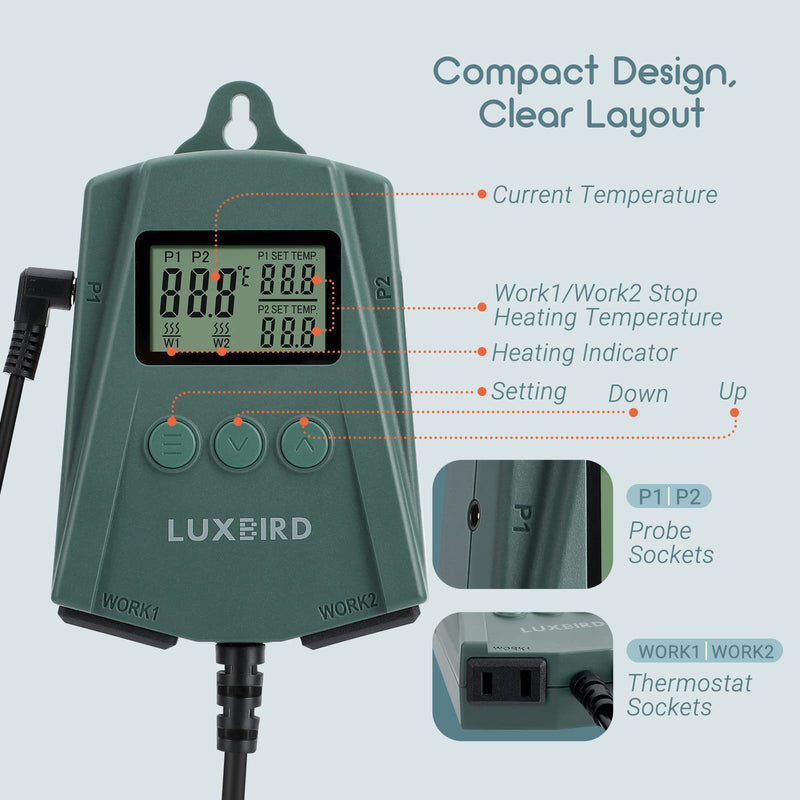 [Australia - AusPower] - LUXBIRD LB-2SC Digital Heating Mat Thermostat Controller with 2 Probes and 2 Outlets for Seedlings, Germination, Reptiles, Brewing, Breeding, Incubation, Greenhouse (Max 250W per Outlet) 