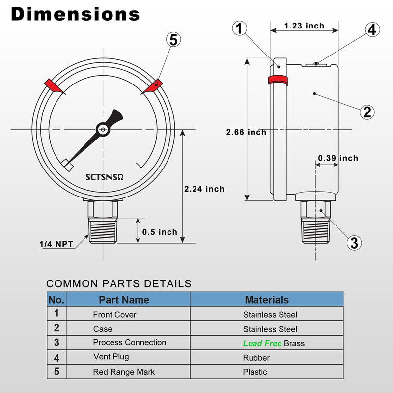 [Australia - AusPower] - 0 to 100 Psi Lead-Free Pressure Gauge, Glycerin Liquid Filled, 2.5 inch Dial, 1/4" NPT Lower Mount, Stainless Steel Case, for Water Pump, Pneumatic Air, Well Tank, RV Hose, Gas, Pressure Test 0-100 Psi Lower Mount Lead-Free 