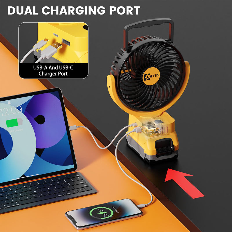[Australia - AusPower] - Cordless Jobsite Fan Fit For DeWALT 18V 20V Max 60V Flex Battery Brushless Motor With USB A+C Fast Charging For Camping Workshop and Construction Site(Battery not included) 