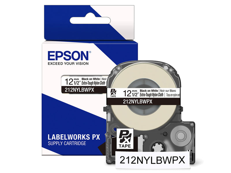 Epson LABELWORKS 212NYLBWPX Genuine Nylon Tape Cartridge - Black on White Industrial Label Maker Tape - 1/2" (12MM) Wide, 19' 12MM