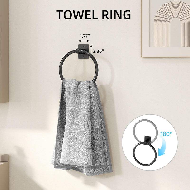 Matte Black Bathroom Accessories Set 4-Pieces, Towel Racks for Bathroom 24Inch Towel Bar, Towel Ring, Towel Hooks, Toilet Paper Holder with Shelf, Stainless Steel Wall Mounted Bathroom Hardware Set