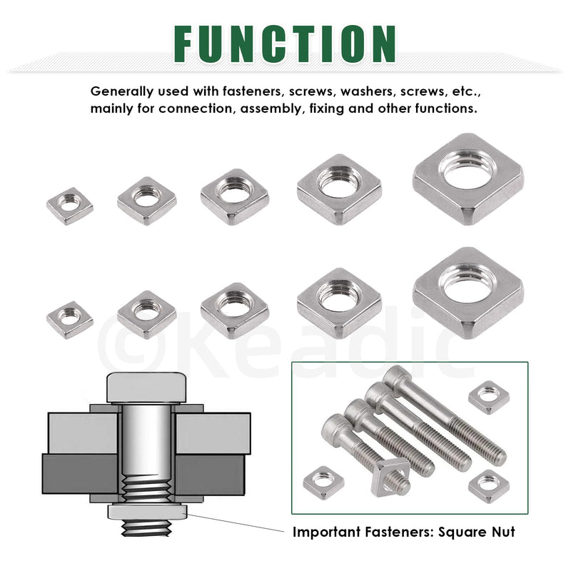 [Australia - AusPower] - Keadic 90Pcs 304 Stainless Steel Square Nuts Assortment Kit, M3x5.5mmx2mm, M4x7mmx2mm, M5x8mmx3mm, M6x10mmx3mm, M8x13mmx4mm Coarse Thread Nut for Furniture, Electrical Appliances 304 Stainless Steel (Silver) 