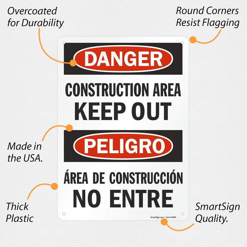 SmartSign - U9-1363-NP_10x14 "Danger - Construction Area, Keep Out" Bilingual Sign | 10" x 14" Plastic Black/Red on White 14" x 10"