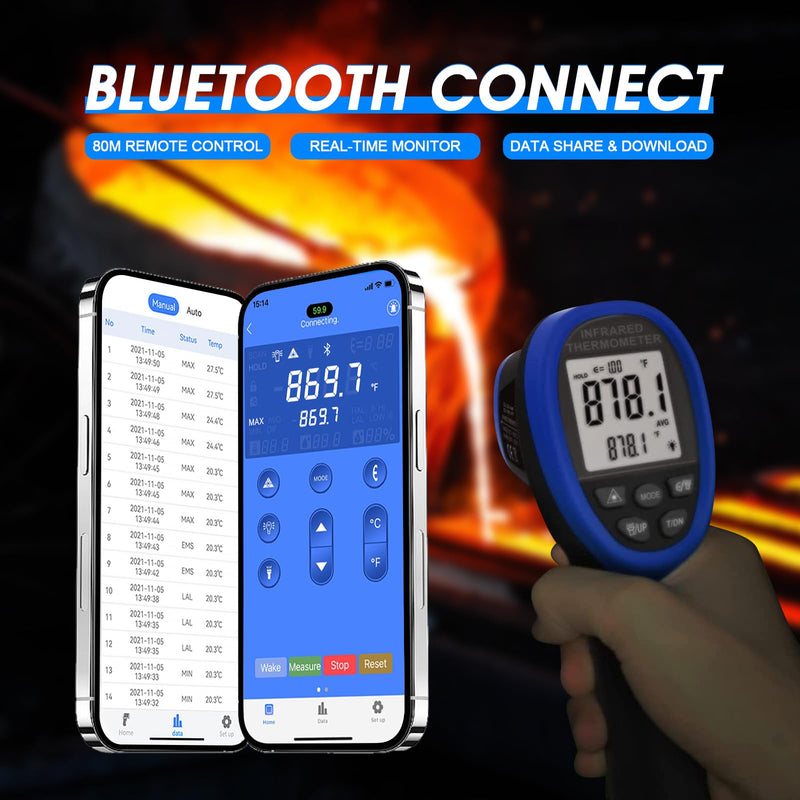 [Australia - AusPower] - Pyrometer 30:1 Non-Contact High Temp Thermometer Gun-58℉ to 2732℉ (-50℃ ~ 1500℃) IR Thermometer Gun with Mobile APP for Pizza ovens, Kiln, Forge RQ-1500APP【Not for Human】 