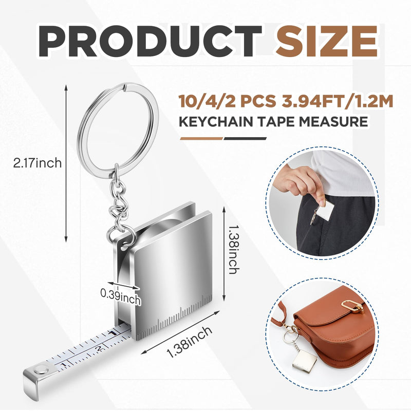 Quelay 10 Pcs Mini Measuring Tape Metal Keychain Tape Measure up to 4ft Small Retractable Pocket Measure Keychain for Sewing, DIY, Gifts and Party Favors (Silver) Silver