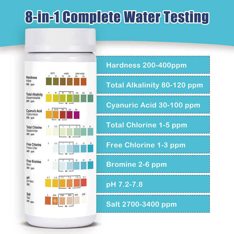 [Australia - AusPower] - 8-in-1 Pool Salt Test Strips: 150 Count Pool Test Strips for Salt Water Pool Hot Tub Spa Water Easy to Tests Salt, pH, Chlorine, Bromine, Alkalinity, Hardness, Cyanuric Acid 8IN1-150 