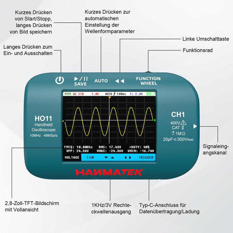 [Australia - AusPower] - HANMATEK HO11 Handheld Digital Oscilloscope - 10MHz Bandwidth, 48MSa/s High Precision Sampling, 2.8 Inch TFT Display, USB Rechargeable, Advanced Trigger System, Portable for Field Work HO11 10MHz 