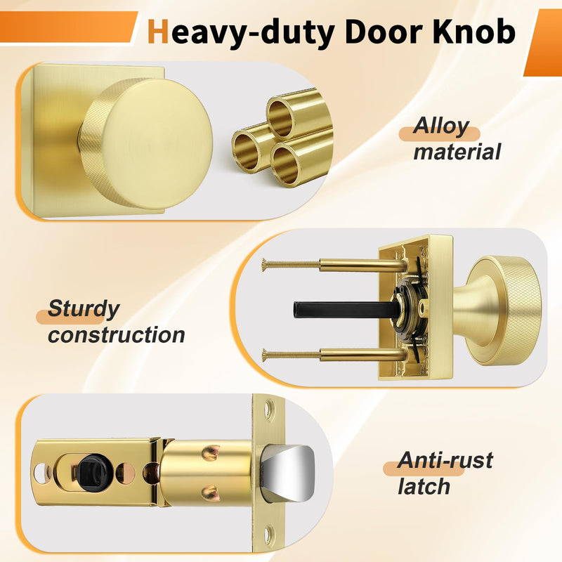 Probrico Gold Door Knobs Interior, Brushed Brass Passage Door Knob for Hallway Closet, Square Closet Door Knob with Round Knob, 1 Pack Brushed Gold