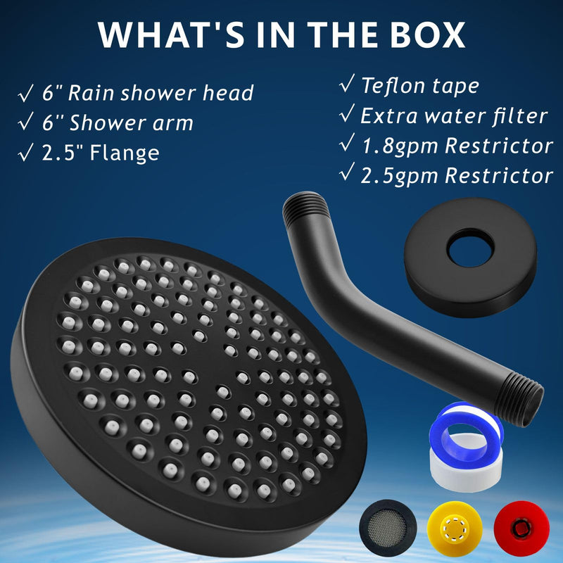 High Pressure Rain Shower Head with Arm - High Flow Rainfall Showerhead - Luxury Modern Look - Pressure Boosting (6" Shower Head with 6" Arm, Matte Black) Shower Head + 6 Inch Shower Arm Midnight Black Matte