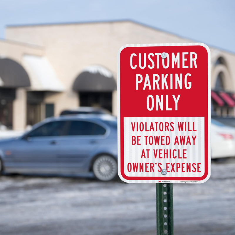 SmartSign 18 x 12 inch “Customer Parking Only - Violators Towed” Metal Sign, 63 mil Aluminum, 3M Laminated High-Intensity Grade Reflective Material, Red and White 12" x 18" - HI Reflective Aluminum