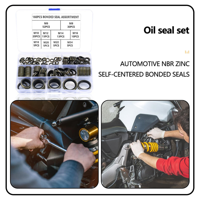 [Australia - AusPower] - 160 Pcs Bonded Seal Washers, Automotive Self-Centered Seal Gasket Set,Rubber Metal Bonded Sealing Washers, Hydraulic Oil Pipe Seal Gasket Washer, O-Ring Assortment Kit, 10 Sizes, M6 to M24 
