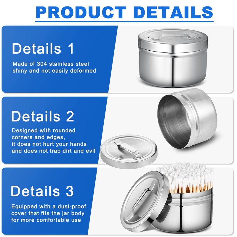 [Australia - AusPower] - 2 Pcs Stainless Steel Ointment Jars with Strap Handle Cover 7.5 oz Capacity Gauze Holder Stainless Steel Canisters with Lids for Medical Liquid Cotton Ball Dressing Hospital Home, 2 x 3 Inch 