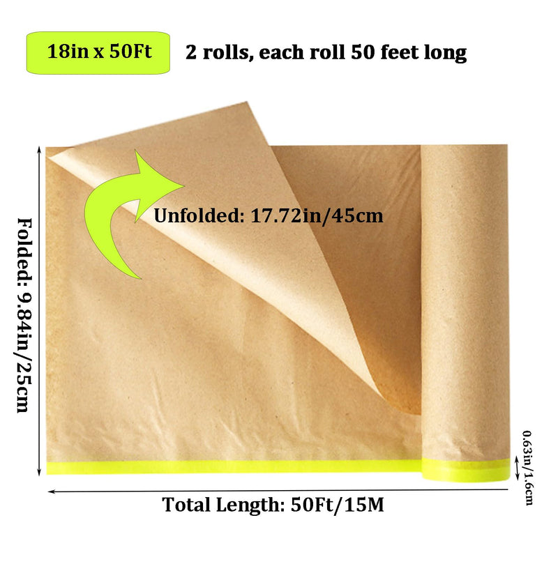 Amonk Paint Masking Paper with Adhesive 18in x 50Ft Pre-Taped Masking Paper for Painting Tape and Drape Painters Paper Roll for Automotive Furniture Wall Protection(2 Rolls)