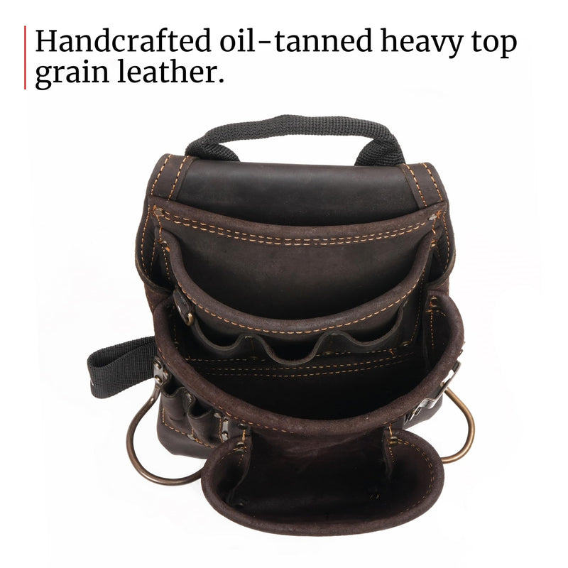 FESA Leather Carpenter Tool Pouch - 10-Pocket Heavy Top Grain Leather Carpenter Pouch with 2 Hammer Loops, Tape Clip, Large & Small Pockets - Fits Work Belts up to 3" - Handcrafted Brown
