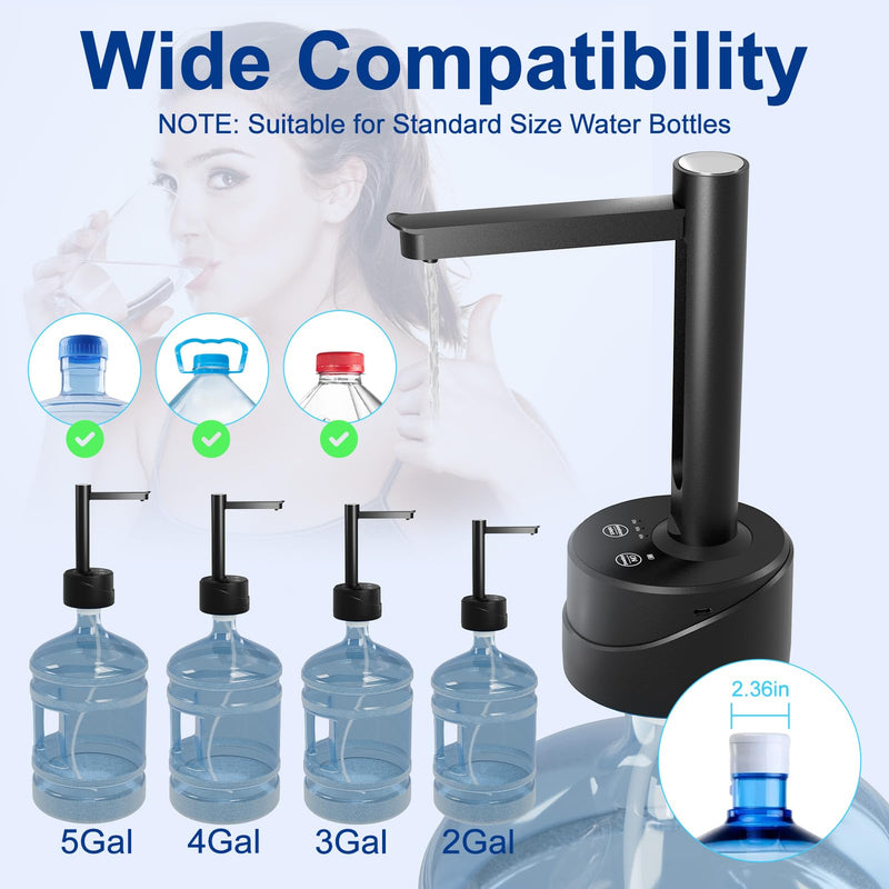 Latedaux 5 Gallon Dual-use Desktop Electric Water Bottle Dispenser, USB Type-C Charging Automatic Countertop Drinking Water Bottle Pump for 2-5 Gallon, Smart Water Jug Dispenser for Camping(Black) Black