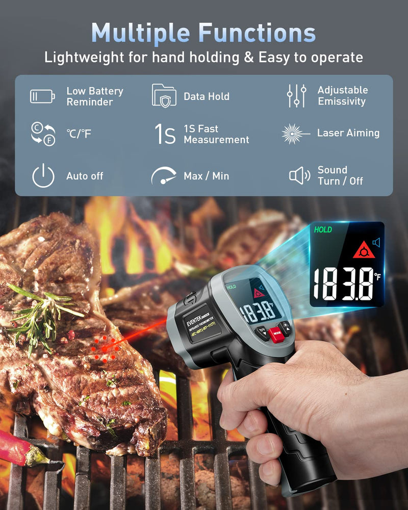 [Australia - AusPower] - Eventek Infrared Thermometer Gun, [3 in 1] -58°F~1112°F (-50°C~600°C) Digital Laser Temperature Gun for Cooking, Pizza Oven, Grill & Engine with Adjustable Emissivity, Meat Thermometer & Bag Included 