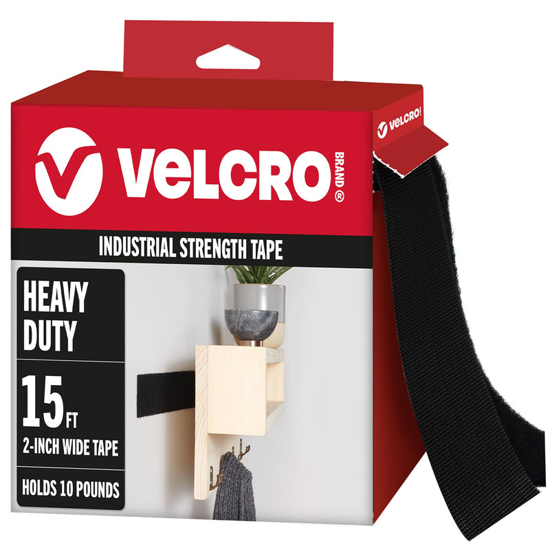 VELCRO Brand Heavy Duty Tape with Adhesive | 15 Ft x 2 In | Holds 10 lbs, Black | Industrial Strength Roll, Cut Strips to Length | Strong Hold for Indoor or Outdoor Use, 15ft x 2in Heavy Duty VELCRO Brand Fasteners