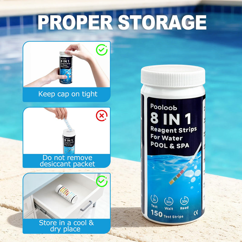 [Australia - AusPower] - Pooloob 8-in-1 Pool and Spa Test Strips, 150 Count Water Testing Kit for Saltwater & Chlorine Pools - Tests pH, Salt, Free Chlorine, Bromine, Alkalinity, Hardness, Cyanuric Acid & Total Chlorine 