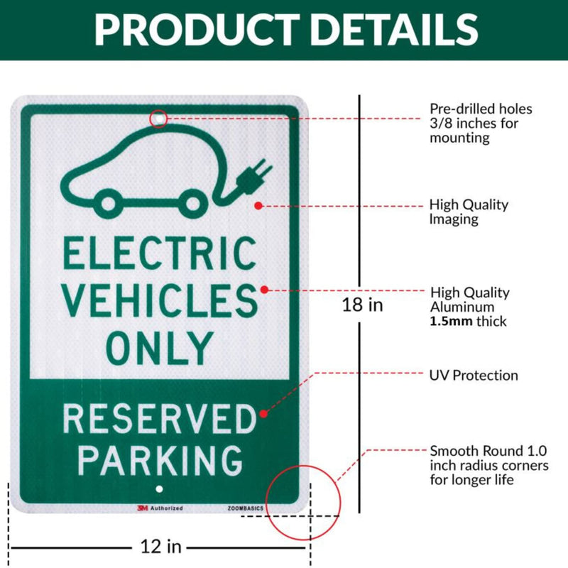 1 PACK - EV Parking Sign Electric Vehicle Reserved 12" x 18" 3M Authorized Engineer Grade EG EGP Quality Reflective Durable Laminated Aluminum