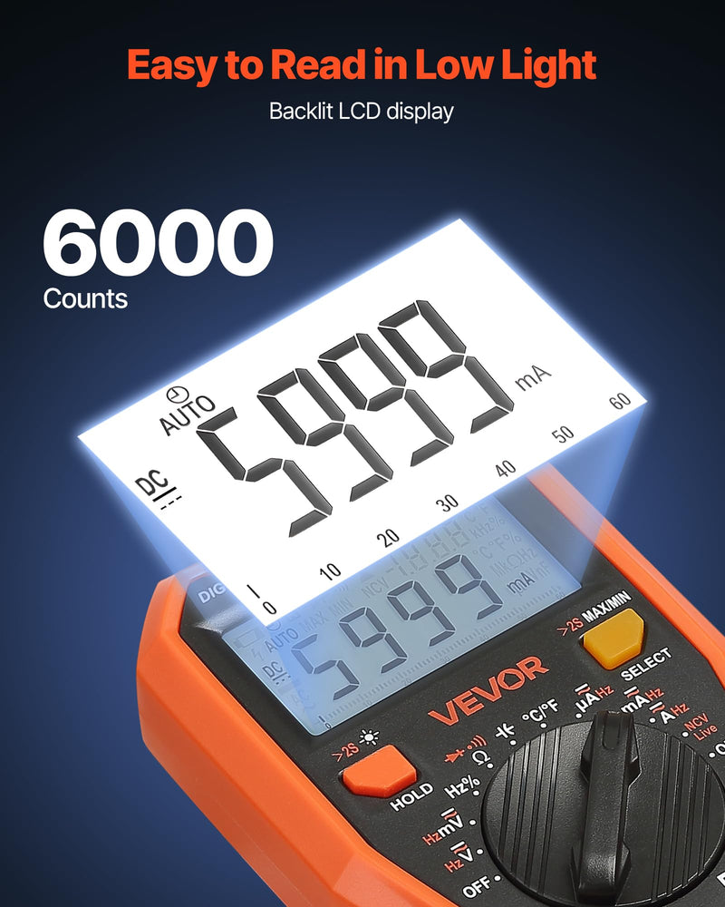 [Australia - AusPower] - VEVOR Digital Multimeter, 6000-Count TRMS DC/AC Voltmeter Current Tester, Professional NCV Multimeter for Current Voltage Resistance Capacitance Duty-Cycle Tempetature Diodes Continuity Live Wire Test 