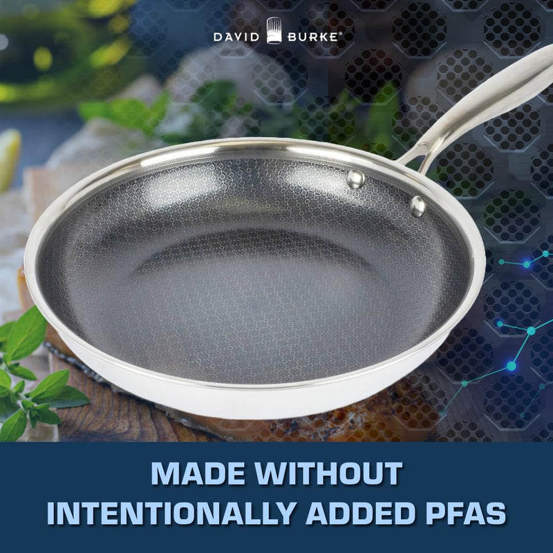 David Burke GeoClad Ceramic Hybrid Non-Stick 10" Fry Pan – Stainless Steel Sear Surface, Geometric Pattern, Tri-Ply Clad Body, PFOA-Free, Dk Gray/SS
