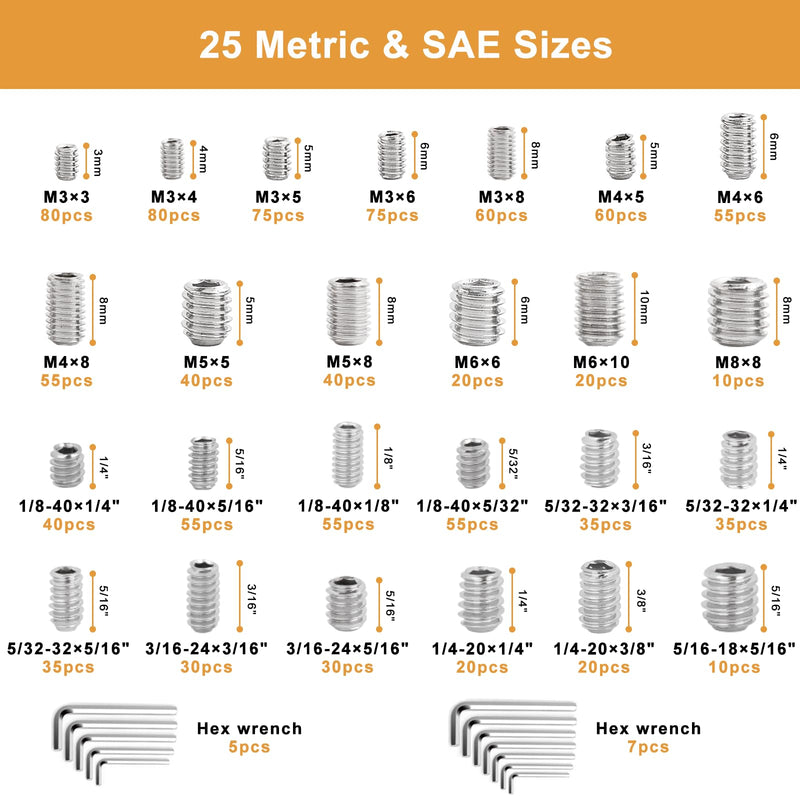 [Australia - AusPower] - VIGRUE 1105PCS 25 Sizes Metric & SAE Set Screw Assortment Kit Internal Hex Drive Allen Grub Screws Set Cup-Point 304 Stainless Steel, M3 to M8 and 1/8-40 to 5/16-18 Silver 