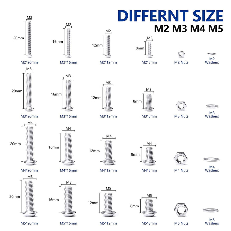 [Australia - AusPower] - NINDEJIN Metric Button Head Socket Cap Screw Bolts & Flat Washers & Nuts Assortment Kit M2 M3 M4 M5 Stainless Steel Machine Screws Set and Wrench, 880 PCS 880 Hex Round Head Socket Screws Nuts 