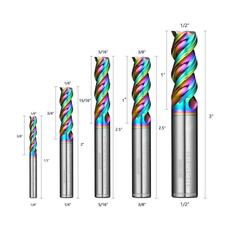 [Australia - AusPower] - Tools Carbide End Mills Set, DLC Coating, CNC Mill Bits for Aluminum, Composite Materials,3 Flute Solid Carbide Square End Mills (1/8" 3/16" 1/4" 3/8" 1/2" 5pcs) SET-DLC 1/8" 3/16" 1/4" 3/8" 1/2" 5PC 