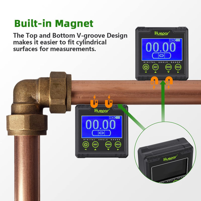 Huepar Digital Protractor, Electric Level Dual Axis Meter 0.01° Resolution V-Groove Magnetic Base & LCD Inclinometer with Acoustic Alarm 0~360°AG03