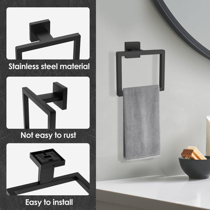 Stainless Steel Square Towel Racks for Bathroom, Black Hand Towel Holder Wall Mount, Modern Towel Ring for Guest Bath, Bathroom Accessories, Bathroom Towels for Wall, Rust-Proof, 2 Pack Black 2pcs