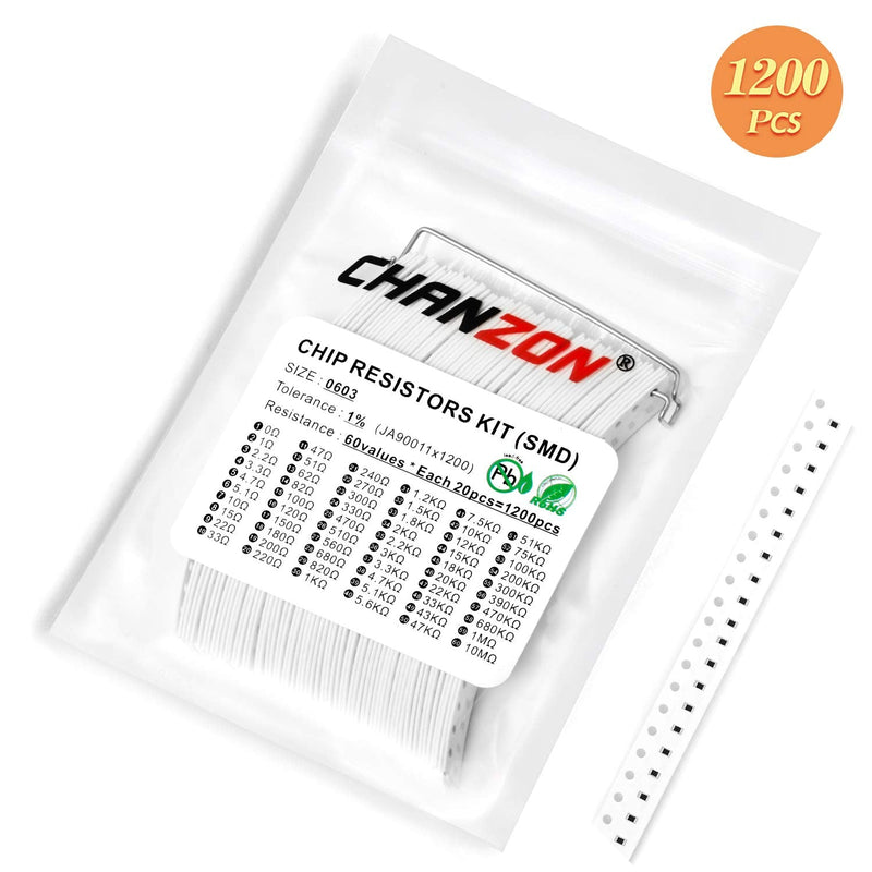 Chanzon 1200pcs 0603 SMD Resistor Kit 0-10M ? ohm 60 Values 1/10W 0.1W ±1% Tolerance Thick Film 0-10MR SMT Chip Resistors Rohs Certificated