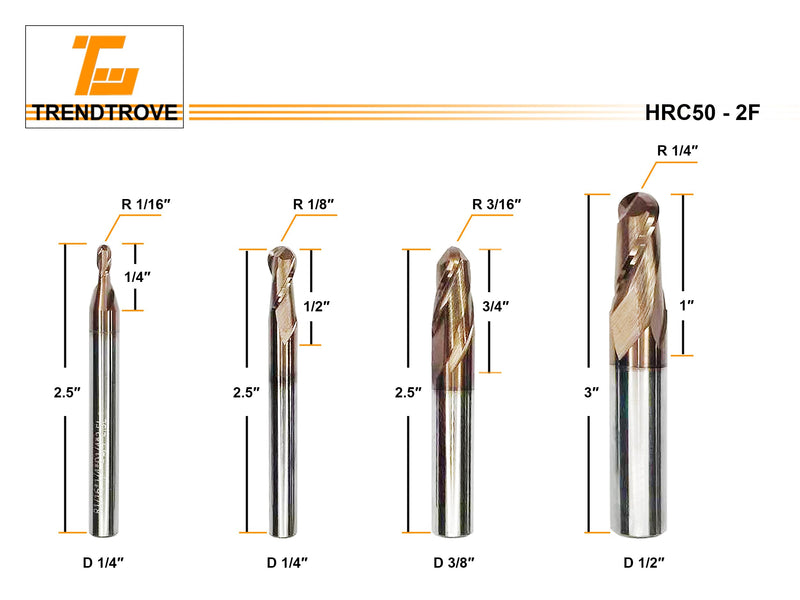 [Australia - AusPower] - Ball Nose Carbide End Mill, 2 Flute, HRC50, TiSiN Coated, CNC Router Bits for Hardened Steel, Stainless Steel, Alloy Steel, Aluminum, Metal - (1/8" 1/4" 3/8" 1/2") Diameter (3/8" Diameter) 3/8" Diameter 