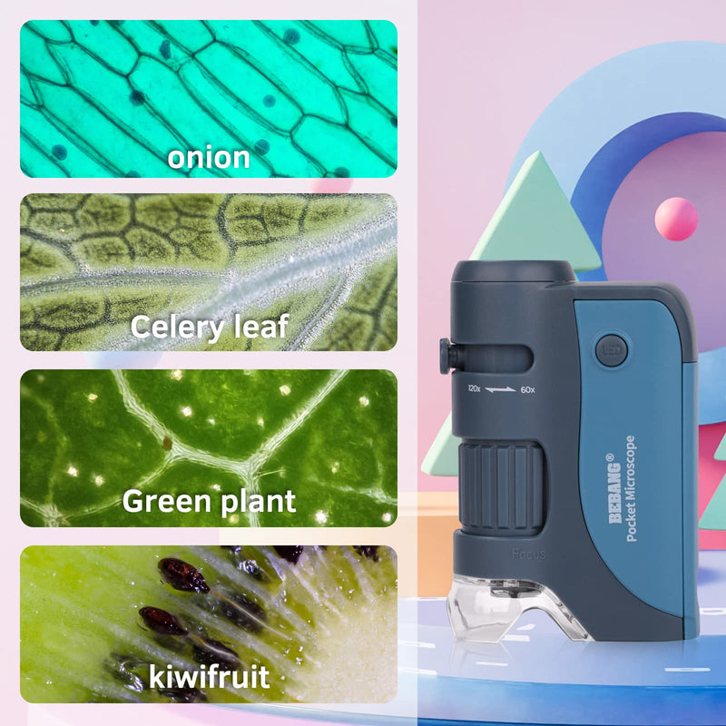 [Australia - AusPower] - Pocket Microscope, 60x-120x Handheld Mini Microscope Kids with LED Lights, 5 Slides Specimens, BEBANG Portable Microscope for Kids Student Adults Microbiological Observation Lab Study, Educational Kit Blue-120X 