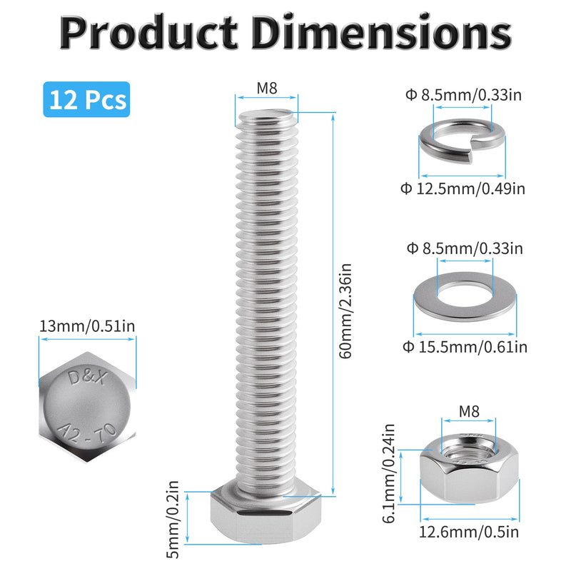 [Australia - AusPower] - 12 Set M8-1.25×60 Hex Head Screws Bolts, Nuts, Flat & Lock Washers,304(18-8) Stainless Steel Full Thread Hexagon Bolts with Nut & Washers for Heavy-Duty Fastening Applications 12Pcs M8-1.25×60 