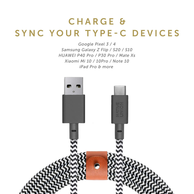 Native Union Belt Cable XL USB-A to USB-C - 10ft Ultra-Strong Charging Cable with Leather Strap for iPhone 17/17 Pro/17e, iPhone Air, Galaxy S26/S25, Z Fold 7/Flip 7, Pixel 10 Pro, iPad Pro (Zebra) Zebra