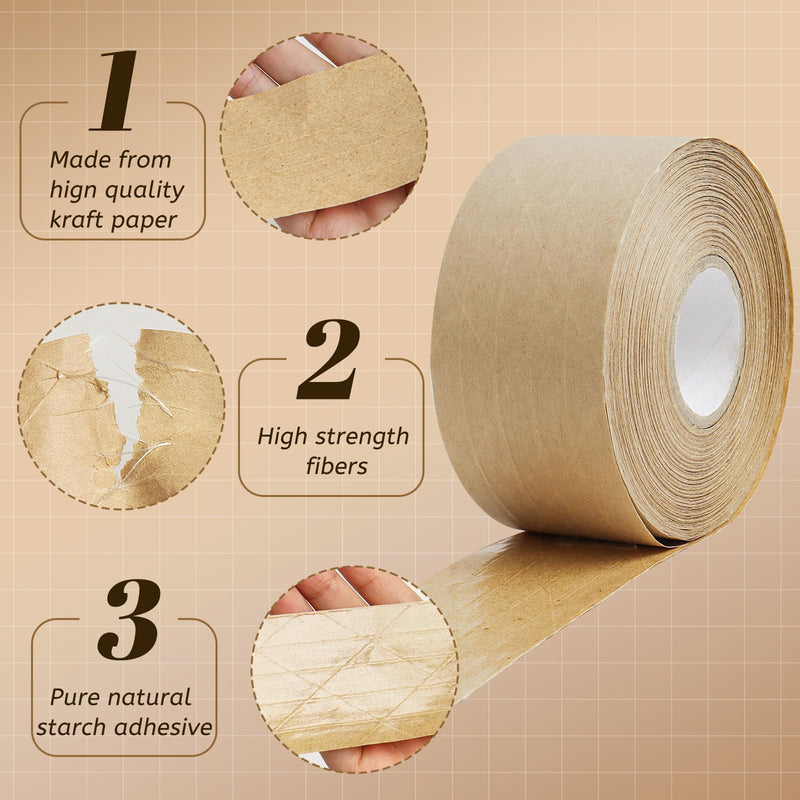 Reinforced Water Activated Gummed Kraft Paper Tape,2 Rolls 1.9 inch x 49.2 yd Brown Packing Tape,Total 98.4 yds for Heavy Duty Secure Packing and Shipping