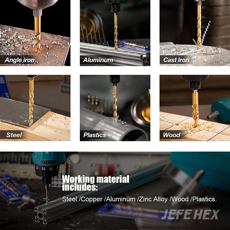 JEFE HEX 5/16" Hex Shank Titanium HSS Twist Drill Bits, 135 Degree Easy Cut Split Point Drill Bit for Steel, Copper, Aluminum, Zinc Alloy, Wood and Plastics, Packed in a Tube. (Pack of 6) 5/16" (6 pcs)