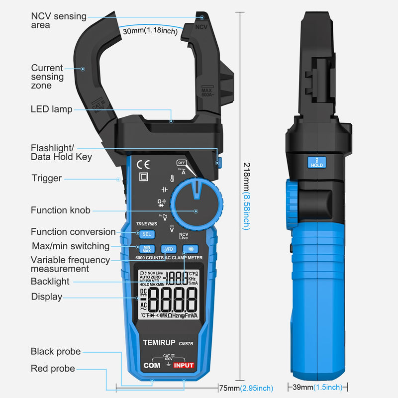 [Australia - AusPower] - Digital Clamp Meter Multimeter - TEMIRUP Auto-ranging 6000 Counts Amp Voltage Tester with D-Shaped Jaw VFD Mode, Measuring NCV, AC/DC Voltage AC Current Temperature Capacitance Resistance Continuity 600A AC Clamp Meter 