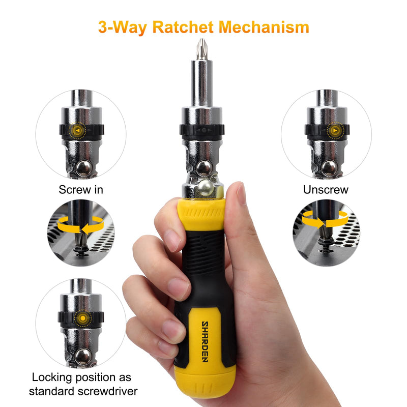 SHARDEN Ratcheting Screwdriver Multi Bit Screw Driver 13-in-1 Tool Ratchet Screwdriver Set Flat Head/Square/Torx/Hex/Phillips Screwdriver, 180 Degree Pivoting Adjustable Angle Magnetic Screwdriver Yellow