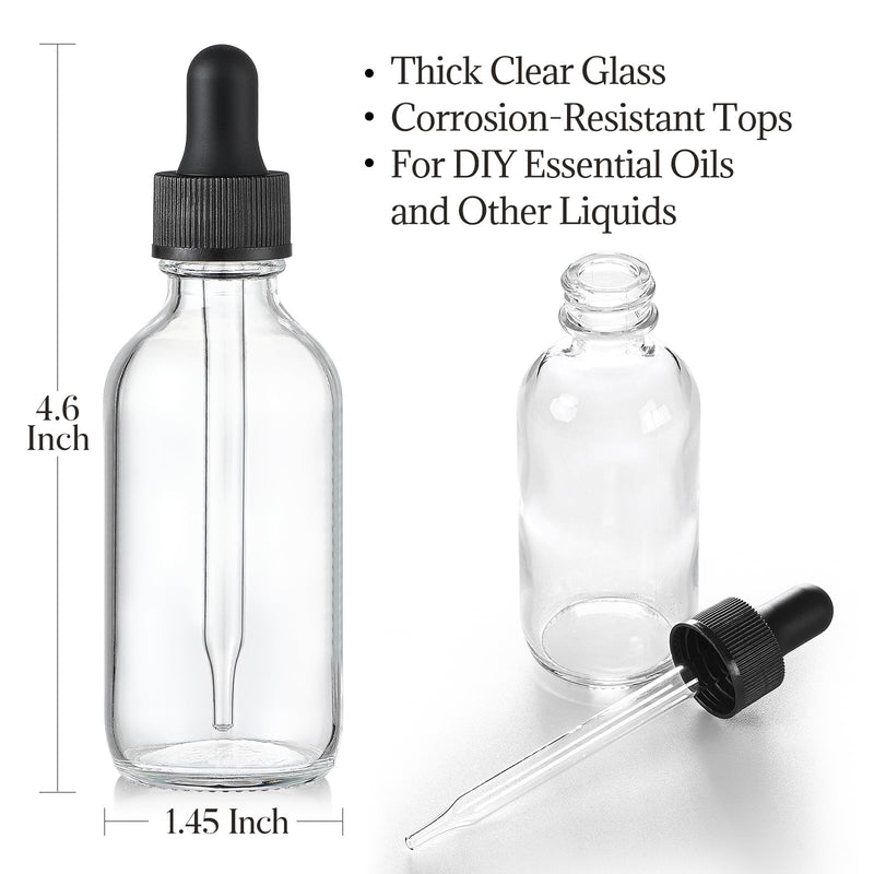 [Australia - AusPower] - AOZITA 4 Pcs, 2 oz Clear Eye Dropper Bottles with 1 Stainless Steel Funnels & 4 Labels - Black Caps 60ml Thick Glass Tincture Bottles - Leakproof Essential Oils Bottle for Storage and Travel Blank Dropper 