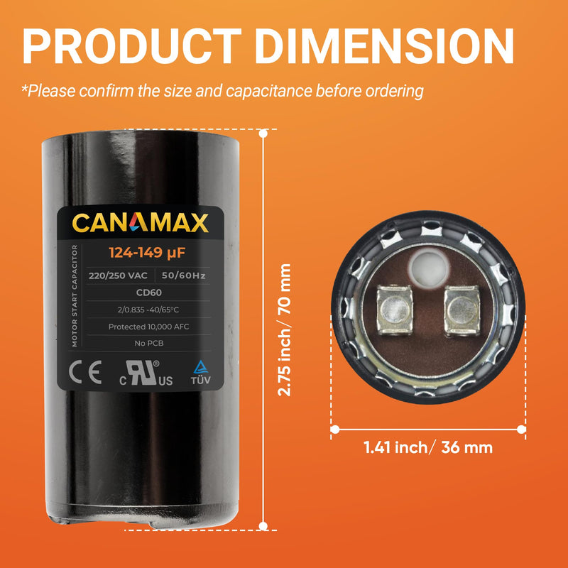 [Australia - AusPower] - Canamax 124-149 uf/MFD 220-250VAC Round Run Start Capacitor - Replacement for AC Motor Run or Fan Start and Cool or Heat Pump Air Conditioner 