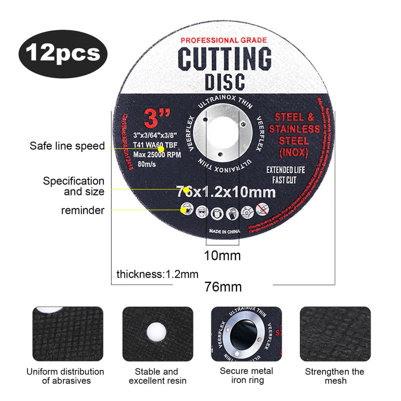 [Australia - AusPower] - Pack of 12 Cutting Discs 76 mm, Cutting Discs, Grinding Discs, Angle Grinder Discs for Metal, Cutting Disc for Separating Metal and Wood 