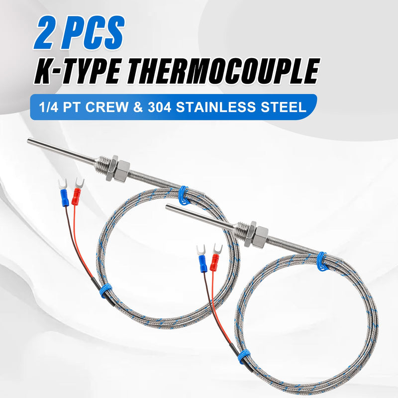[Australia - AusPower] - 2 Pcs K-Type Thermocouple Sensor, 0-600℃ High Temp Probe 5 x 50 mm, NPT 1/4" Stainless Steel Probe with 2M/6.6Ft Insulated Lead Wire for Temperature Controller 