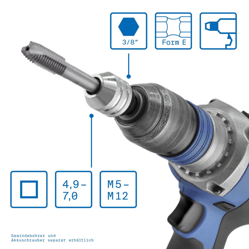 GSR Thread Cutting Adapter M5-M12 | Tool Holder with 3/8" Hex Shank & Square Socket | For All Standard Cordless Drills | Clamping Range 5-9mm | Accessories for Hand Taps M5–M12