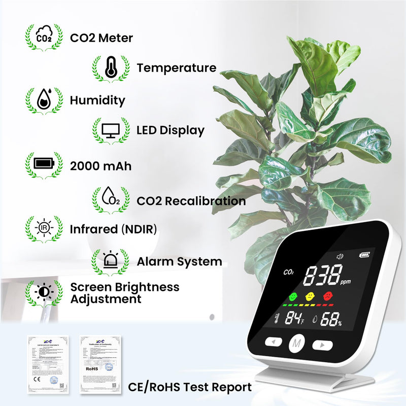 [Australia - AusPower] - CO2 Detector with Bonus Humidity & Temperature Readings & Alarm, 3-in-1 Air Quality Monitor Indoor, Portable CO2 Detector for Travel, Air Quality Tester for Home, Hotel, Office, Car 