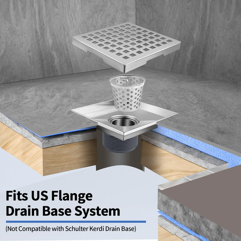 Boltigen Square Shower Drain, 304 Stainless Steel 4 inch Shower Floor Bathroom Shower Drain with CUPC Certified, Brushed Nickel 4'' Square Floor Drain, for Bathroom Toilet Washroom Drain Water