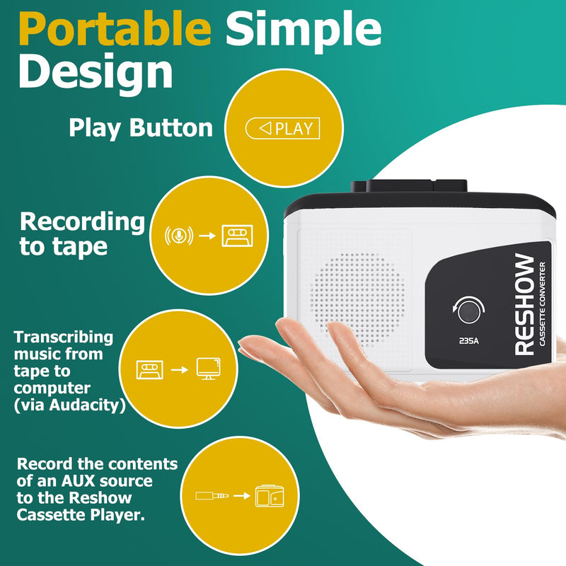 [Australia - AusPower] - Reshow Portable Cassette Player with Built-in Speaker and Headphone Jack, USB C Cassette to MP3 Converter, Reverse Recording to Tape, Walkman Cassette Recorder, Full Stereo Sound-White White 