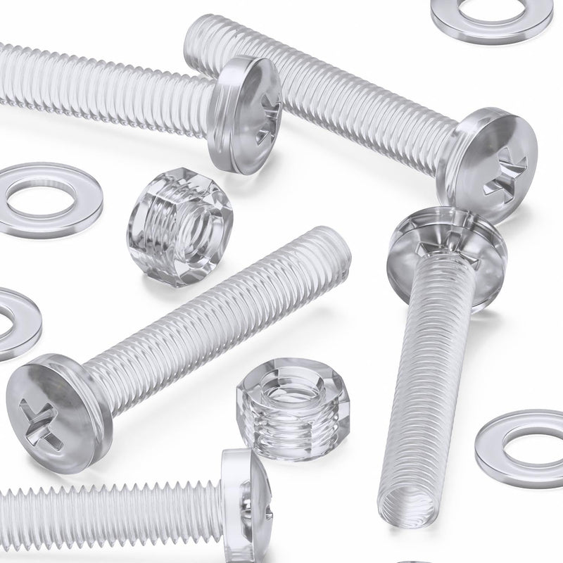 [Australia - AusPower] - Pack of 60 Transparent Clear Plastic Acrylic M5 x 30mm Nuts & Bolts, Washers - Acrylic Plastic Screws, 13/64 x 1 3/16 